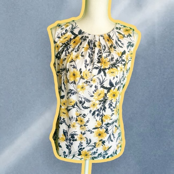 Calvin Klein ‘Sleeveless Pleat Neck Yellow Floral Print Knit Top’ Size Small - Picture 1 of 10